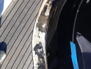 Teak deck, glueing teak slat or teak panel for motor boat in Sardinia. Before Photo4